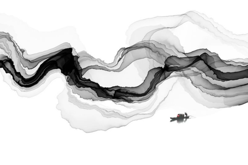 Chinese poems about love - lonely painting of someone rowing their boat